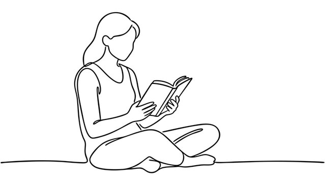 A young woman sitting cross-legged and deeply engrossed in reading a book, continuous line art drawing