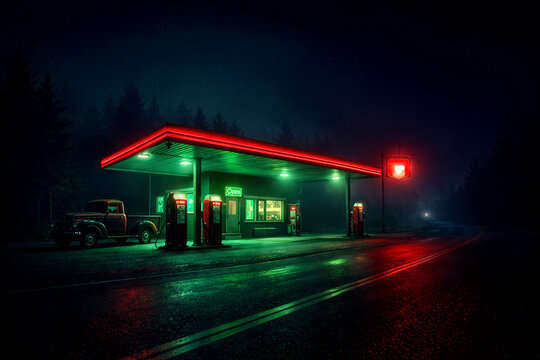  Deserted gas station in rural America with neon lights at night