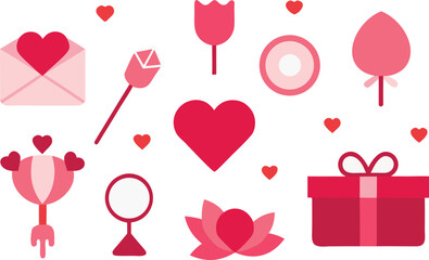 Pink and red heart symbols and romance icons for valentine's day