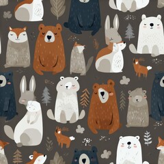 Obraz premium Seamless Repeating Pattern of Forest Animals Includes Bears, Foxes, and Rabbits in Scandinavian Illustration Style With Sage, Brown, and Beige Colors