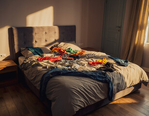 Messy bedroom featuring clothes strewn across the bed.