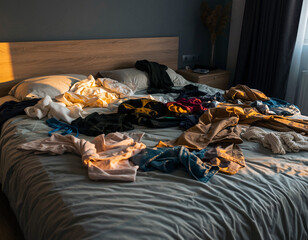 Messy bedroom featuring clothes strewn across the bed.