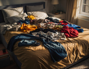 Messy bedroom featuring clothes strewn across the bed.