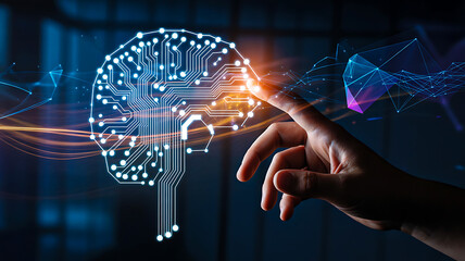 Human hand touching digital brain composed of interconnected nodes representing artificial intelligence and neural networks