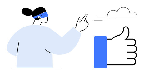 Virtual reality. A person using VR headset interacts with digital elements, emphasizing virtual reality engagement and hand gesture recognition. For tech, innovation, UX design, education, gaming