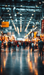 Obraz premium Blur, defocused background of public exhibition hall. Business tradeshow, job fair, or stock market. Organization or company event, commercial trading, or shopping mall marketing advertisement concept