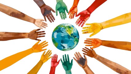Diverse multicolored hands circle around Earth globe in powerful unity display - Powered by Adobe