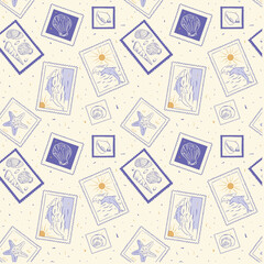 Pattern of shells, dolphins, and starfish hand drawn in the shape of stamps. Vintage background as old paper or sand. Retro style. Wallpaper for textiles and packaging. Nautical theme.