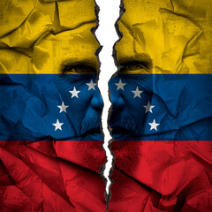 A conceptual illustration featuring the Venezuela flag split with two faces representing conflict and division. It symbolizes complex issues and political challenges