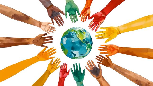 Diverse multicolored hands circle around Earth globe in powerful unity display
