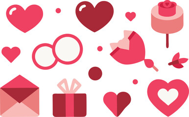 Flat vector illustration of various pink and red icons for valentine's day celebration and romance