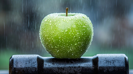 Green apple with raindrops on wet surface outdoors