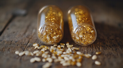 Golden supplements in clear capsules on wooden table