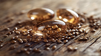 Golden capsules with flaxseeds on wooden table