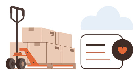Ecommerce, shipping, logistics, inventory management, order fulfillment, cloud storage. Cart with boxes and cloud shipping icon. Ecommerce and shipping solutions