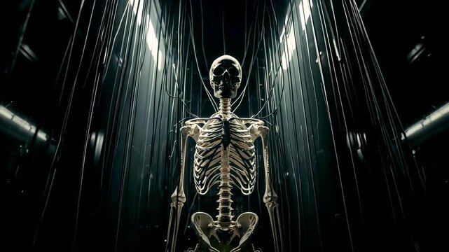 Eerie human skeleton standing under heavy vertical rain streams in dark industrial space with glowing light