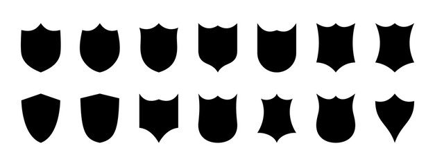 Black Shield Icon Set Vector Illustration Isolated on White Background, Silhouette Protective Shields for Security, Emblem and Medieval Design