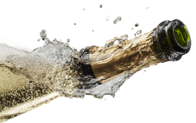 Champagne being poured from a bottle mid air capturing sparkling liquid motion and luxurious celebration vibe isolated on transparent background PNG