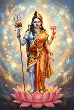 Digital illustration of Ardhanarishvara, the composite form of Lord Shiva and Goddess Parvati representing divine masculine and feminine energy