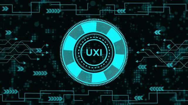 Futuristic digital HUD interface with UXI writing on dark background. Abstract high-tech circuit background with bright cyan data elements. Motion graphic with arrows and technological circuit pattern