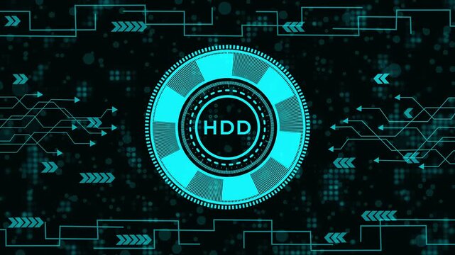 Futuristic digital HUD interface with HDD writing on dark background. Abstract high-tech circuit background with bright cyan data elements. Motion graphic with arrows and technological circuit pattern