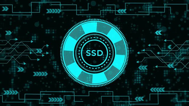 Futuristic digital HUD interface with SSD writing on dark background. Abstract high-tech circuit background with bright cyan data elements. Motion graphic with arrows and technological circuit pattern