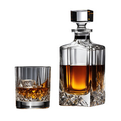 Crystal whiskey decanter and glass set with amber liquid  