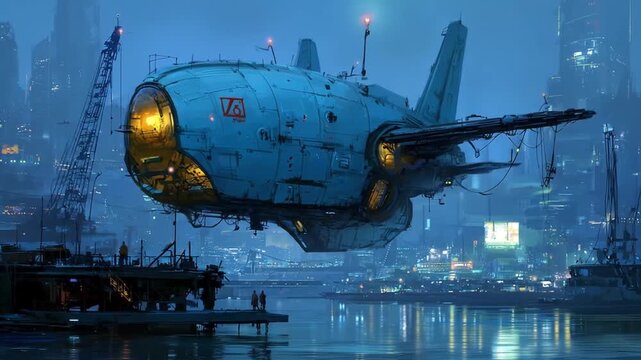 Futuristic airship flying over a dystopian cyberpunk city port at night, digital art sci-fi concept illustration with industrial atmosphere