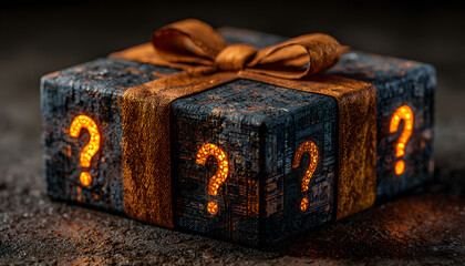 Dark gift box tied with orange ribbon features glowing question marks on sides. Abstract patterns adorn surface, suggesting mystery prize or unknown content. Use for promotions, surprises, or gaming.