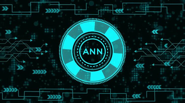 Futuristic digital HUD interface with ANN writing on dark background. Abstract high-tech circuit background with bright cyan data elements. Motion graphic with arrows and technological circuit pattern