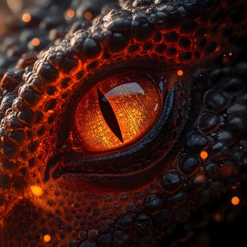 Extreme close-up of a dragon's eye with a vertical slit pupil. The iris glows like molten lava, surrounded by textured black and orange scales that appear smoldering with embers.