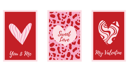 Minimal Valentines day Posters Set with Hand drawn Heart shapes. Romantic Love Phrase, Trendy Playful style. Love symbol with various abstract patterns. Vector illustration