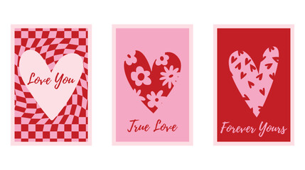 Minimal Valentines day Posters Set with Hand drawn Heart shapes. Romantic Love Phrase, Trendy Playful style. Love symbol with various abstract patterns. Vector illustration