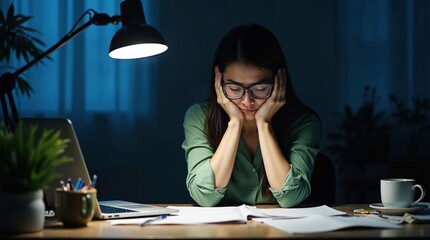 Woman feeling exhausted and overwhelmed while working late at her desk at night