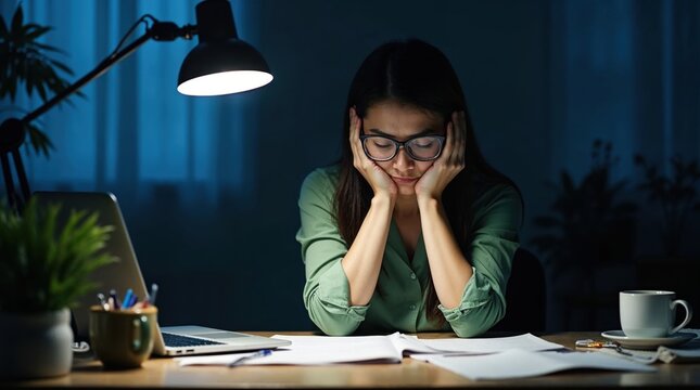 Woman feeling exhausted and overwhelmed while working late at her desk at night