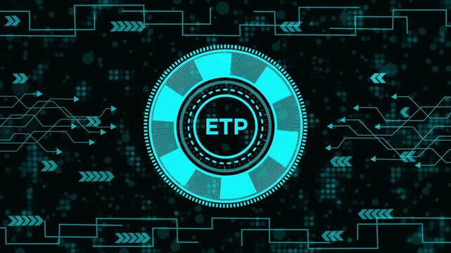 Futuristic HUD Interface with ETP Metaverse Cryptocurrency Symbol on Cyan Digital Circuit Background