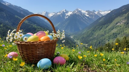 Easter eggs in a basket on a grassy hillside with snowy mountains