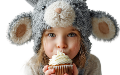 Excited child celebrating with cute party hat while holding colorful cupcake in vibrant scene isolated on transparent background PNG
