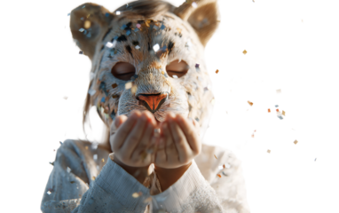 Excited child enjoying playful moment while wearing animal mask and blowing in festive scene isolated on transparent background PNG
