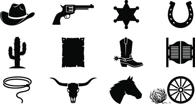 Wild West Cowboy Silhouette Vector Icon Set, sheriff, revolver, lasso, horse and rodeo western design