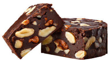 Sliced chocolate brownie topped with crunchy nuts and rich cocoa layers showing indulgent dessert perfect for chocolate lovers isolated on transparent background PNG