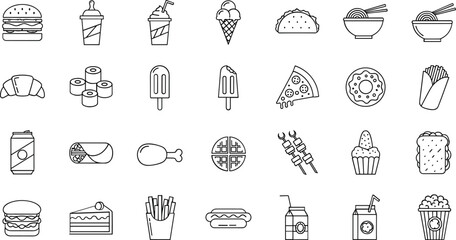 Black and white line of various fast food and restaurant menu offerings line food burger