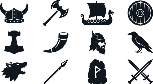 Viking Warrior Symbols Silhouette Vector Icon Set, helmet, axe, longship, shield and Norse mythology design