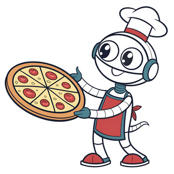 Cartoon robot chef holding a pizza on white background, symbolizing creativity, fun, technology, culinary delight, humor, innovation, and playful imagination.
