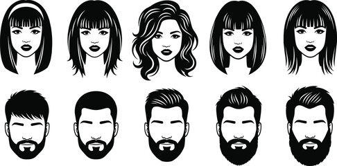 Black and white of eight people heads with various hairstyles and facial hair