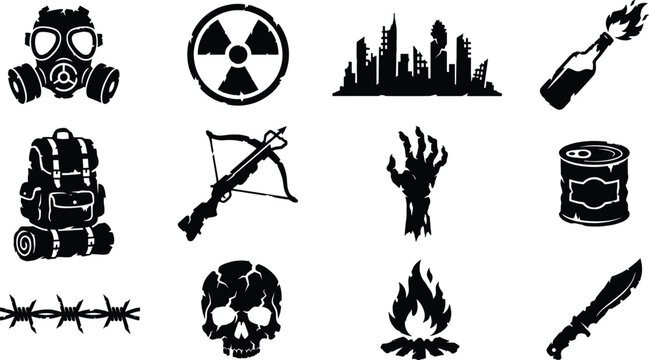 Post Apocalyptic Survival Silhouette Vector Icon Set, gas mask, radiation, weapons and zombie wasteland design
