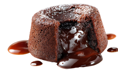 Decadent chocolate lava cake with molten center oozing rich chocolate served as indulgent dessert for chocolate lovers isolated on transparent background PNG