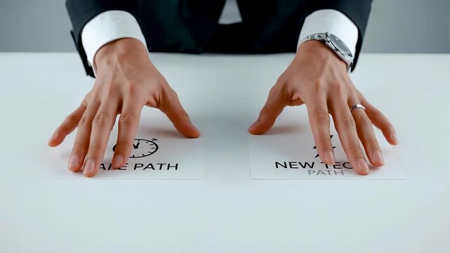 Businessman hands flat on white table revealing hidden message New Path Ahead in bold text