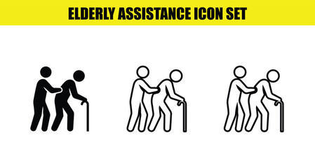 Collection of three simple icon sets illustrating caregiver assistance for an elderly person using a walking stick