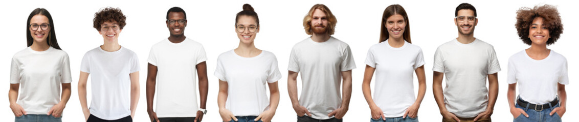 Diverse group of smiling people wearing white t-shirts standing in row